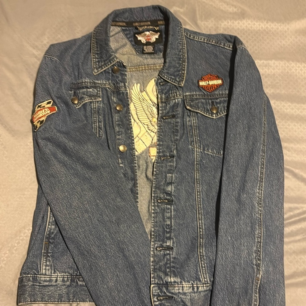 COPY - Harley Davidson Racing Flag Silver Eagle Denim Jacket Sz L